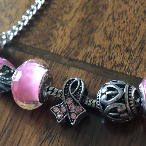 Pink Sterling Silver Bead Charm Breast Cancer Awareness Bracelet - Picture 6 of 12
